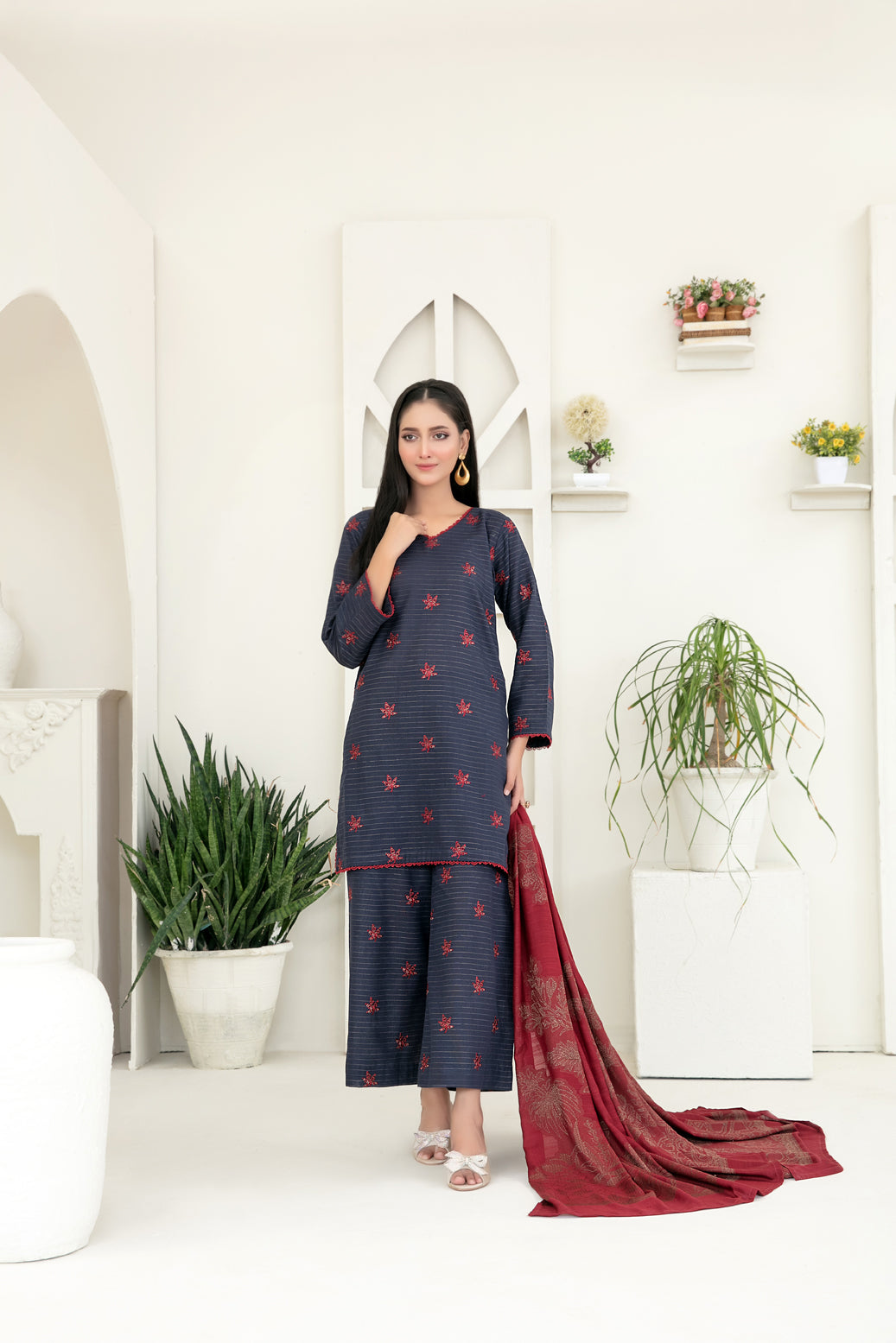 Tawakkal Fabrics 3 Piece Stitched Fancy Embroidered Zari Khaddar Suit - D-3861