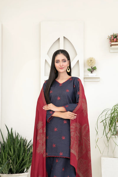 Tawakkal Fabrics 3 Piece Stitched Fancy Embroidered Zari Khaddar Suit - D-3861