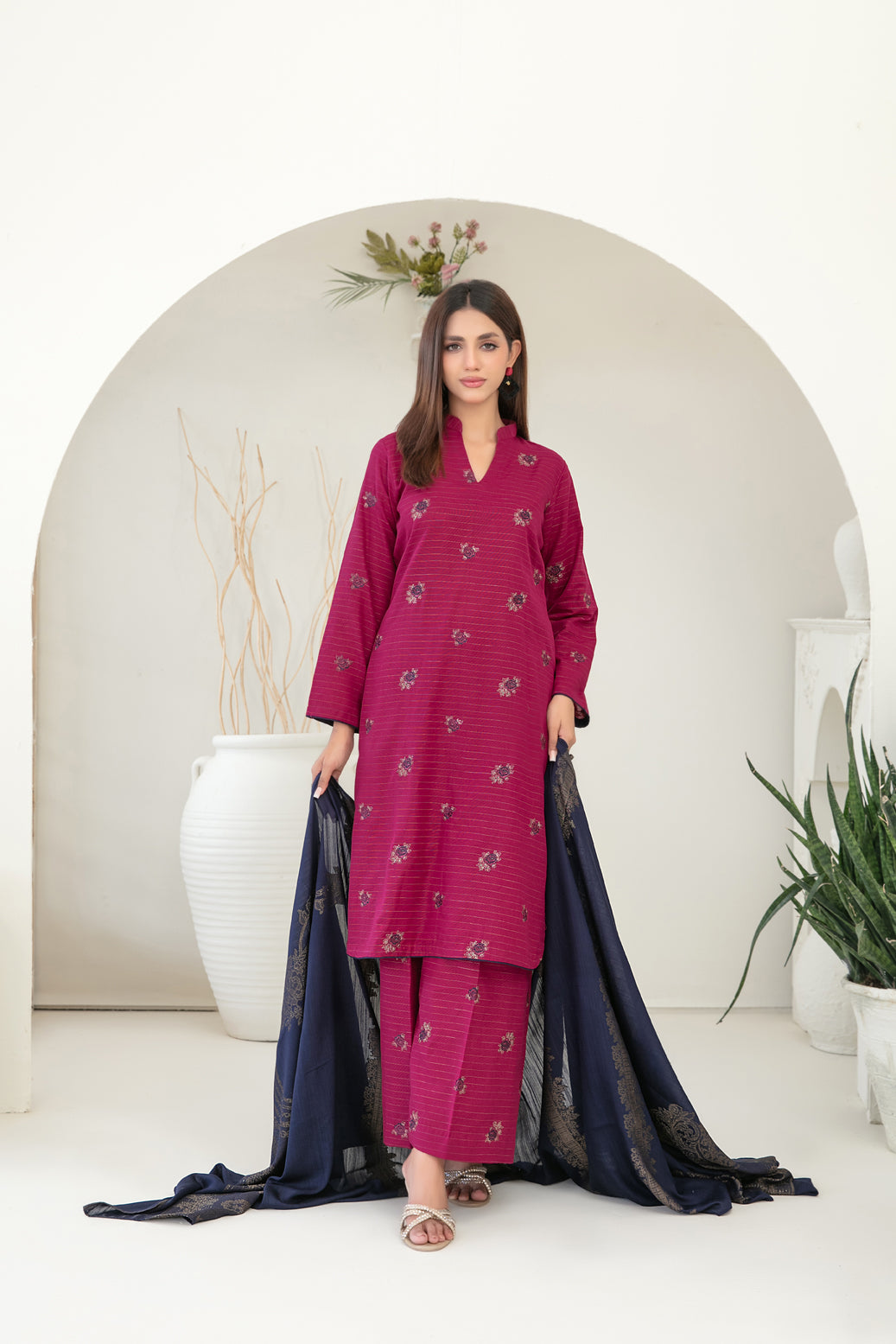 Tawakkal Fabrics 3 Piece Stitched Fancy Embroidered Zari Khaddar Suit - D-3863