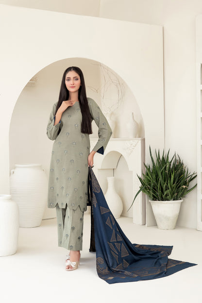 Tawakkal Fabrics 3 Piece Stitched Fancy Embroidered Zari Khaddar Suit - D-3864