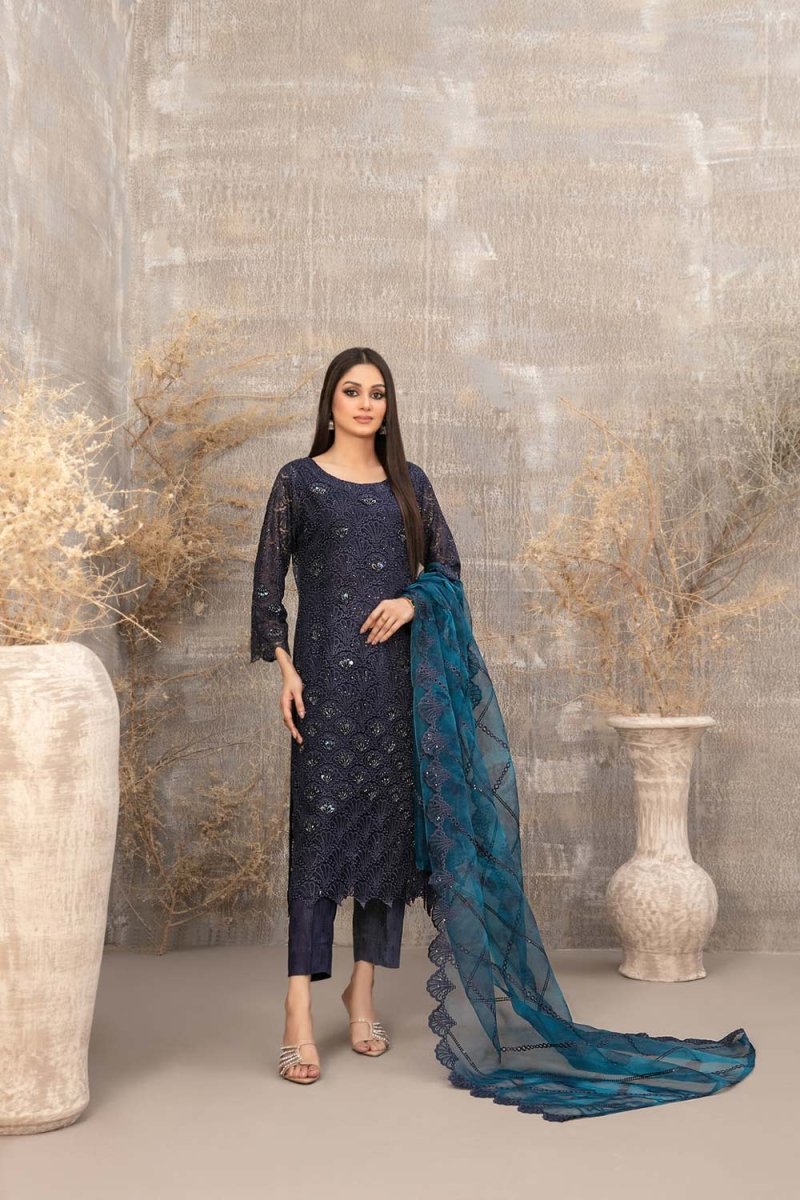 Tawakkal Fabrics 3 Piece Stitched Fancy Heavy Embroidered Net Suit - D-3895