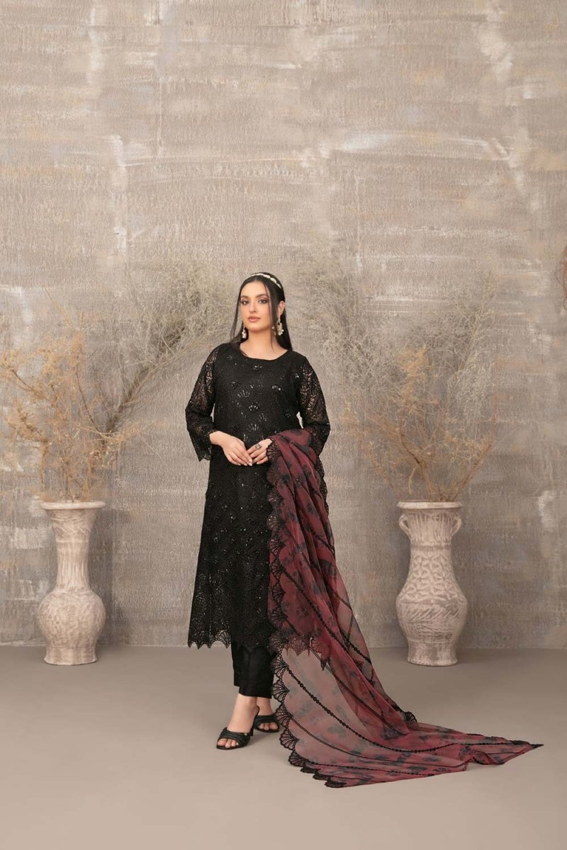 Tawakkal Fabrics 3 Piece Stitched Fancy Heavy Embroidered Net Suit - D-3896