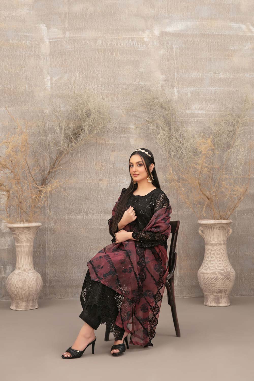 Tawakkal Fabrics 3 Piece Stitched Fancy Heavy Embroidered Net Suit - D-3896