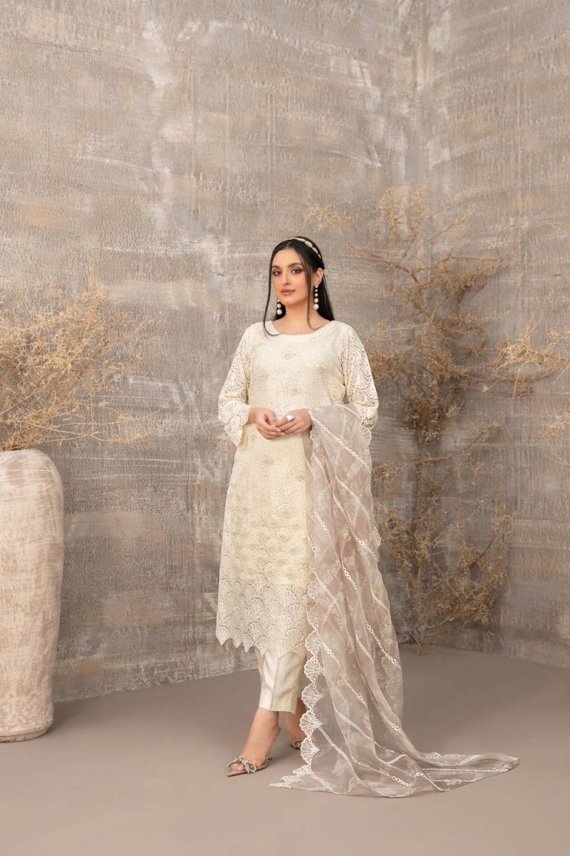 Tawakkal Fabrics 3 Piece Stitched Fancy Heavy Embroidered Net Suit - D-3897