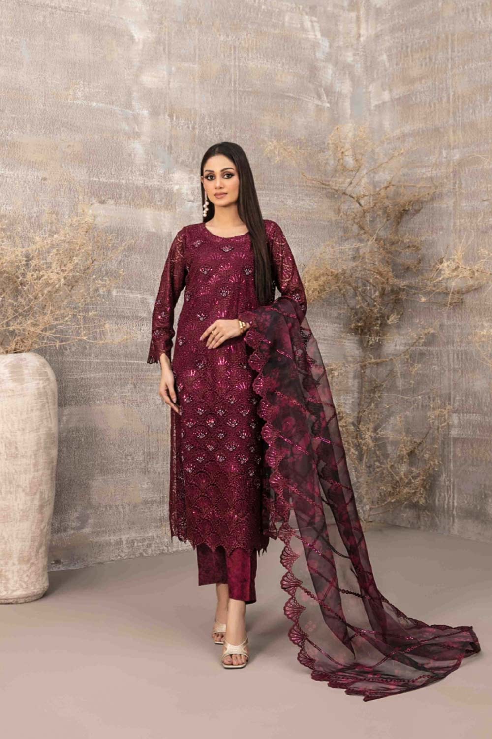 Tawakkal Fabrics 3 Piece Stitched Fancy Heavy Embroidered Net Suit - D-3898