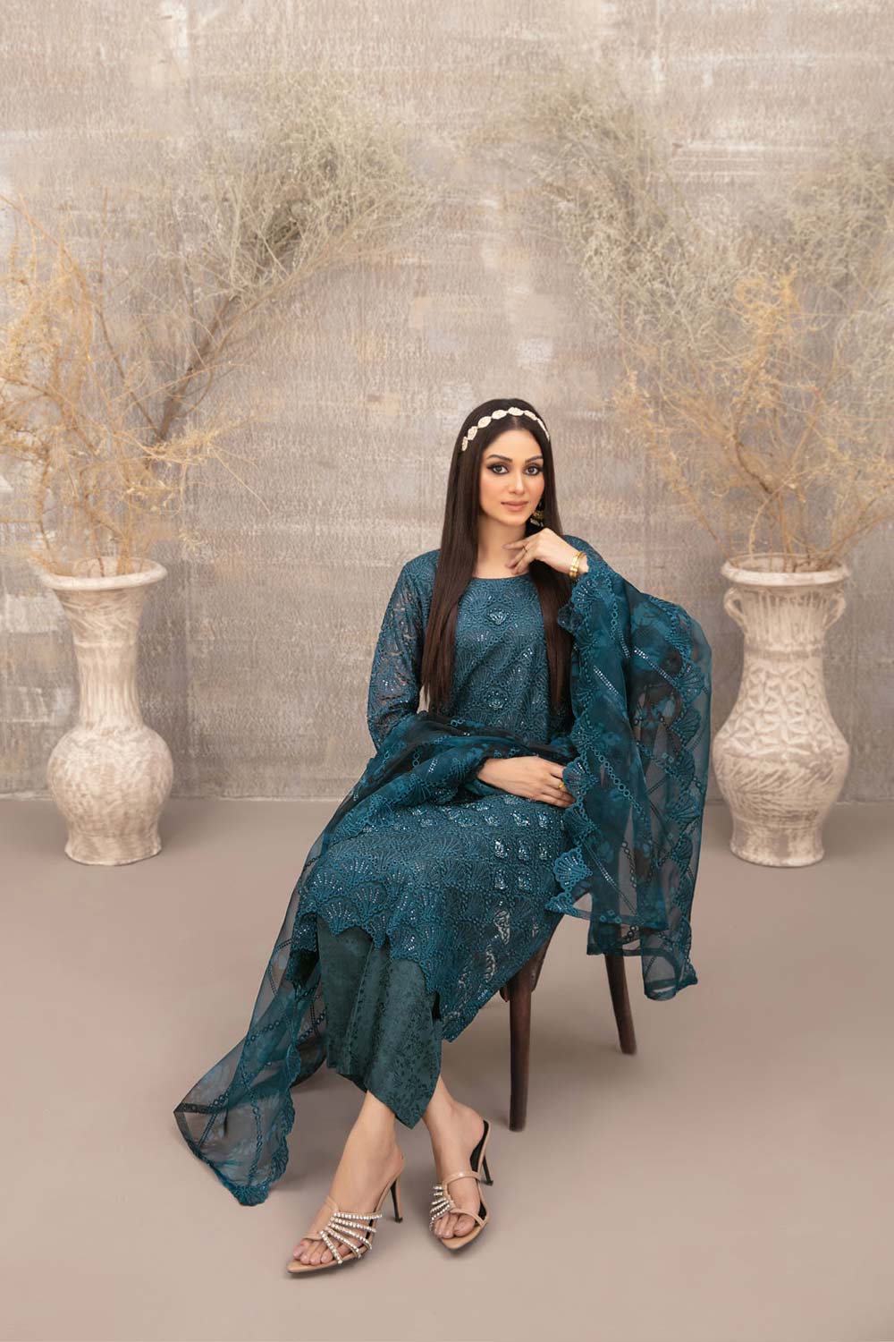 Tawakkal Fabrics 3 Piece Stitched Fancy Heavy Embroidered Net Suit - D-3899