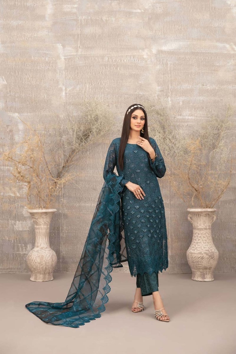 Tawakkal Fabrics 3 Piece Stitched Fancy Heavy Embroidered Net Suit - D-3899