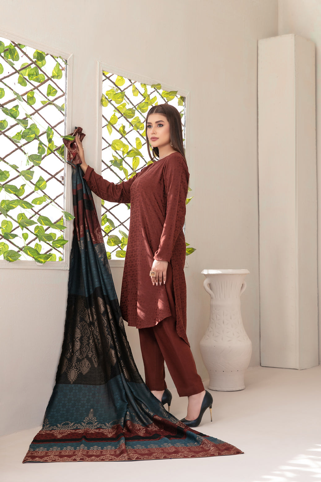 Tawakkal Fabrics 3 Piece Stitched Exclusive Jacquard Leather Peach Suit - D-4060