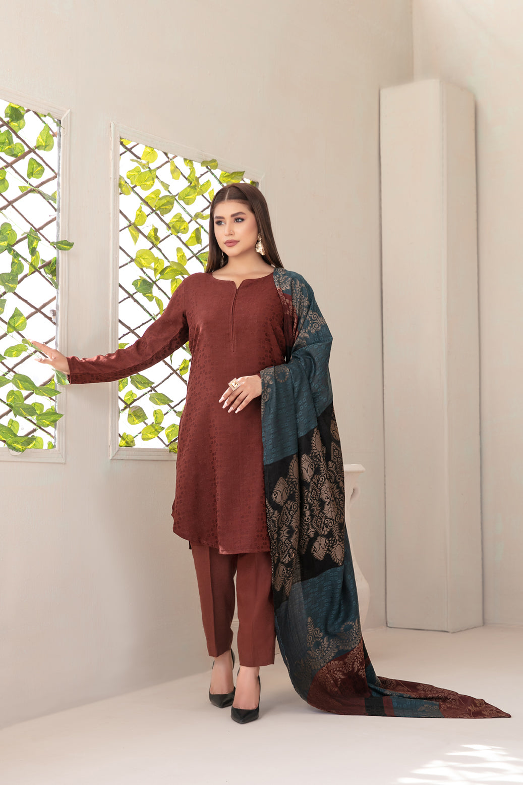 Tawakkal Fabrics 3 Piece Stitched Exclusive Jacquard Leather Peach Suit - D-4060