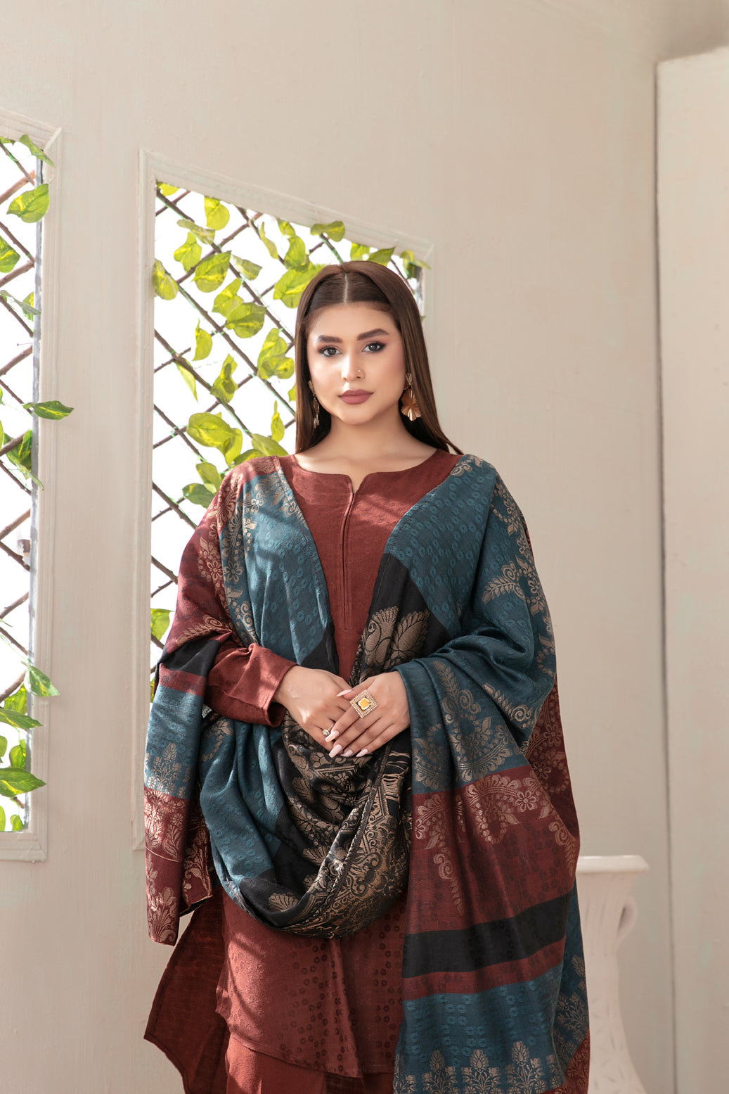 Tawakkal Fabrics 3 Piece Stitched Exclusive Jacquard Leather Peach Suit - D-4060