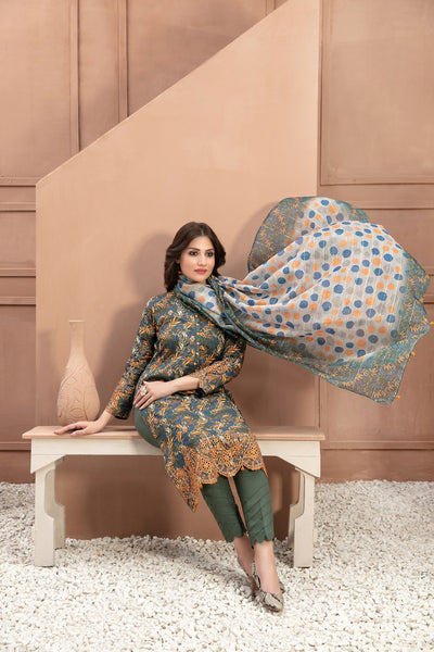 Tawakkal Fabrics 3 Piece Stitched Boring Daman Embroidered Rotary Printed Lawn Suit D-9195