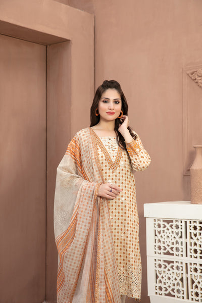 Tawakkal Fabrics 3 Piece Stitched Boring Daman Embroidered Rotary Printed Lawn Suit D-9196