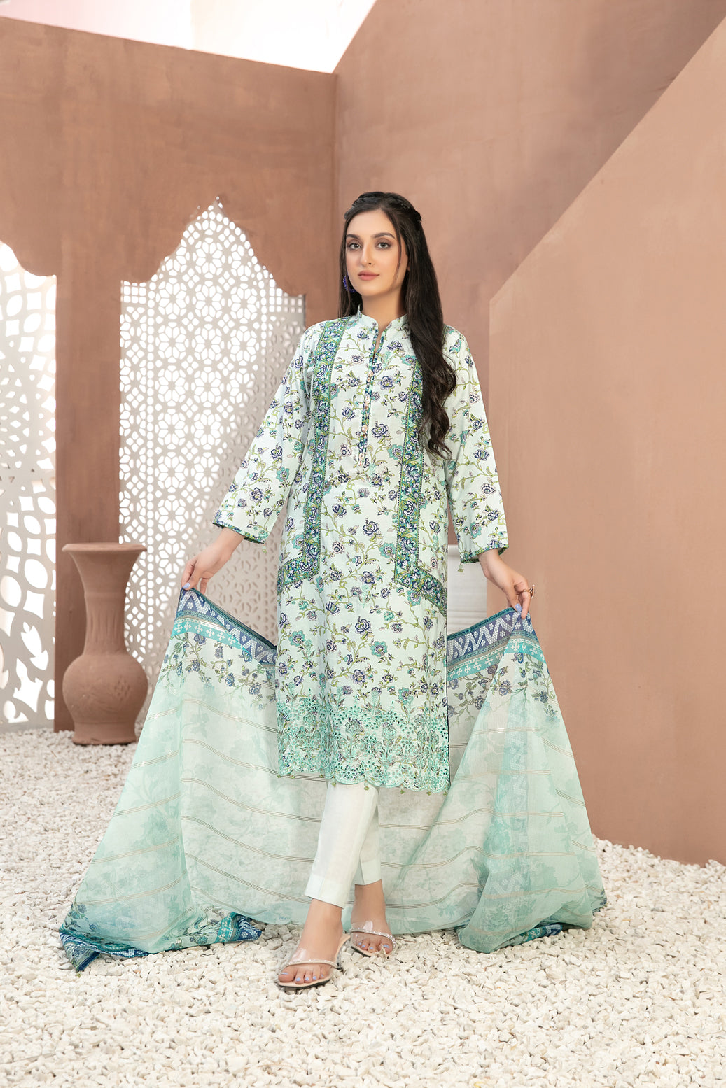Tawakkal Fabrics 3 Piece Stitched Boring Daman Embroidered Rotary Printed Lawn Suit D-9203