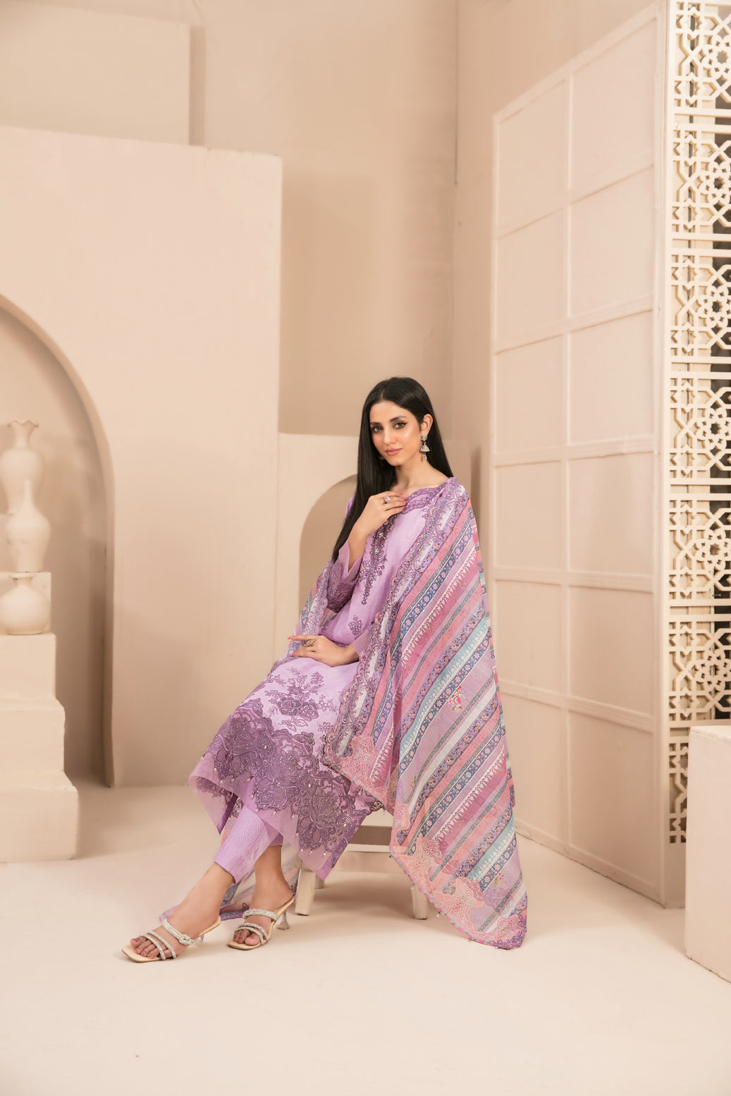 Tawakkal Fabrics 3 Piece Stitched Fancy Embroidered Viscose Slub Suit - D-9446