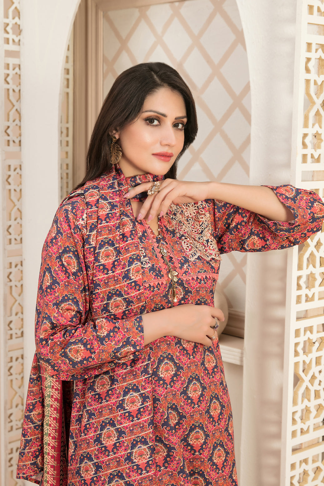 Tawakkal Fabrics 3 Piece Stitched Daman Embroidered Digital Printed Staple Viscose Slub Suit D-9675