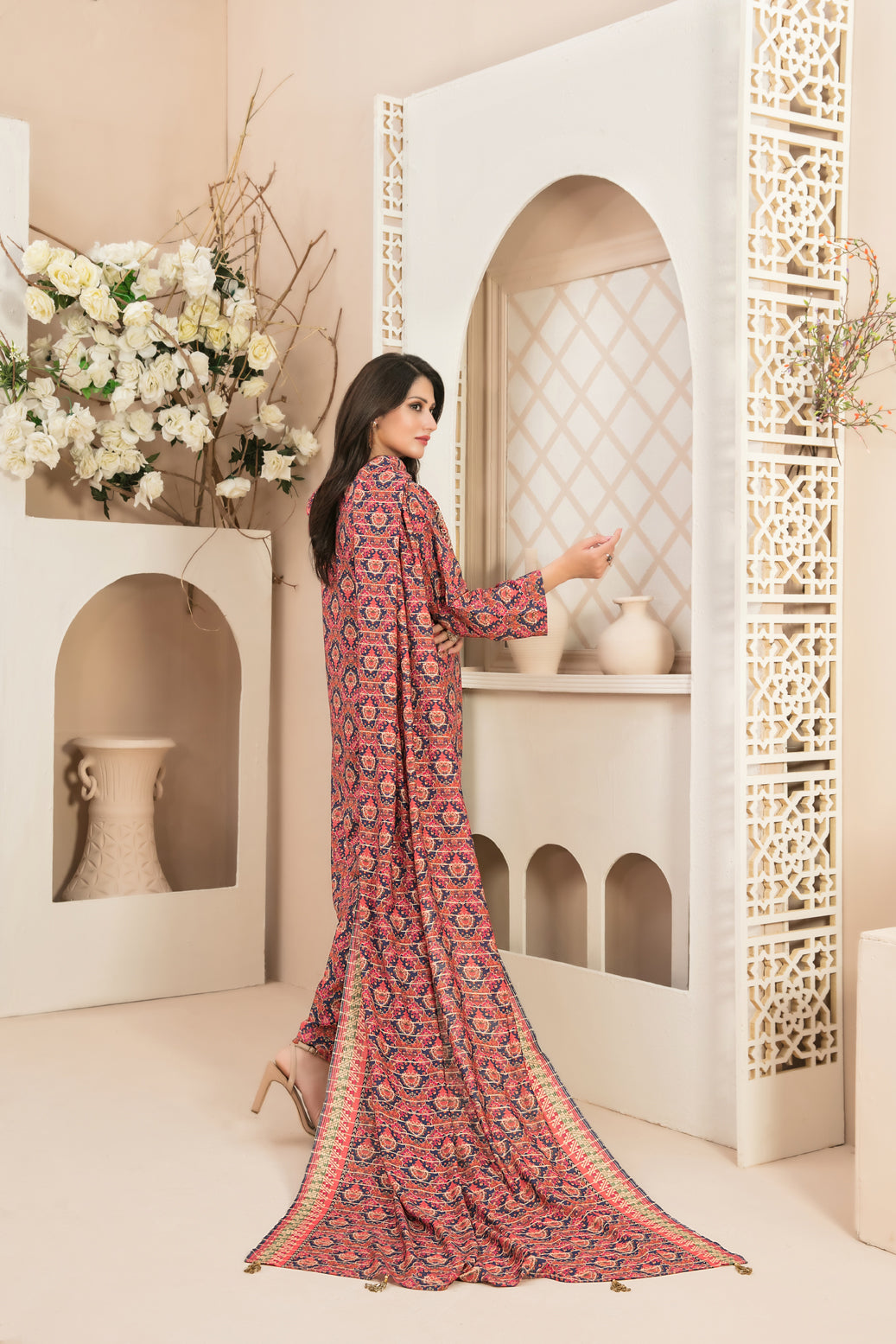 Tawakkal Fabrics 3 Piece Stitched Daman Embroidered Digital Printed Staple Viscose Slub Suit D-9675