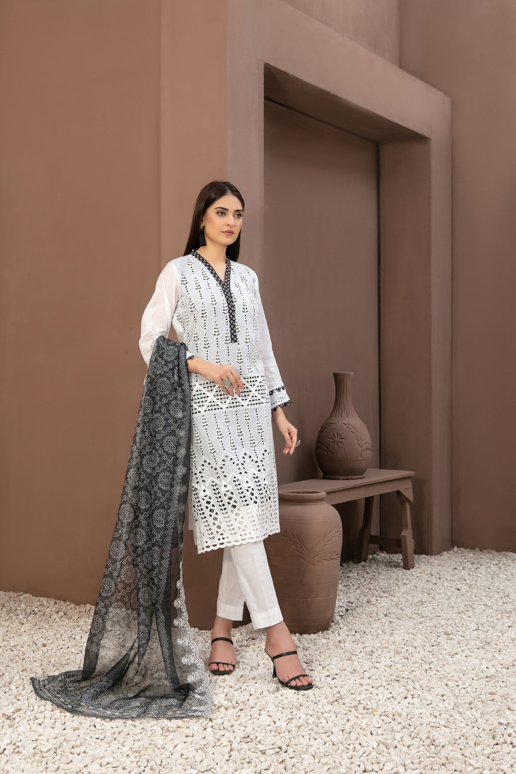 Tawakkal Fabrics 3 Piece Stitched Heavy Schiffli Embroidered Black/White Suit D-9710