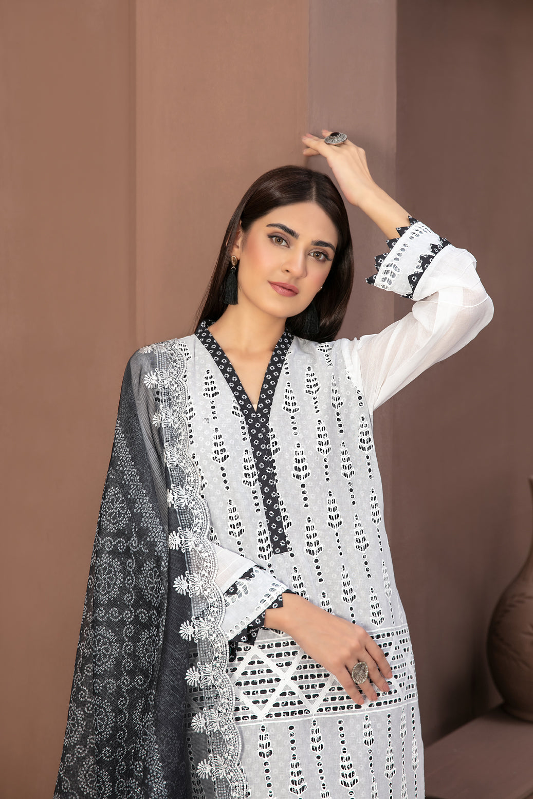 Tawakkal Fabrics 3 Piece Stitched Heavy Schiffli Embroidered Black/White Suit D-9710