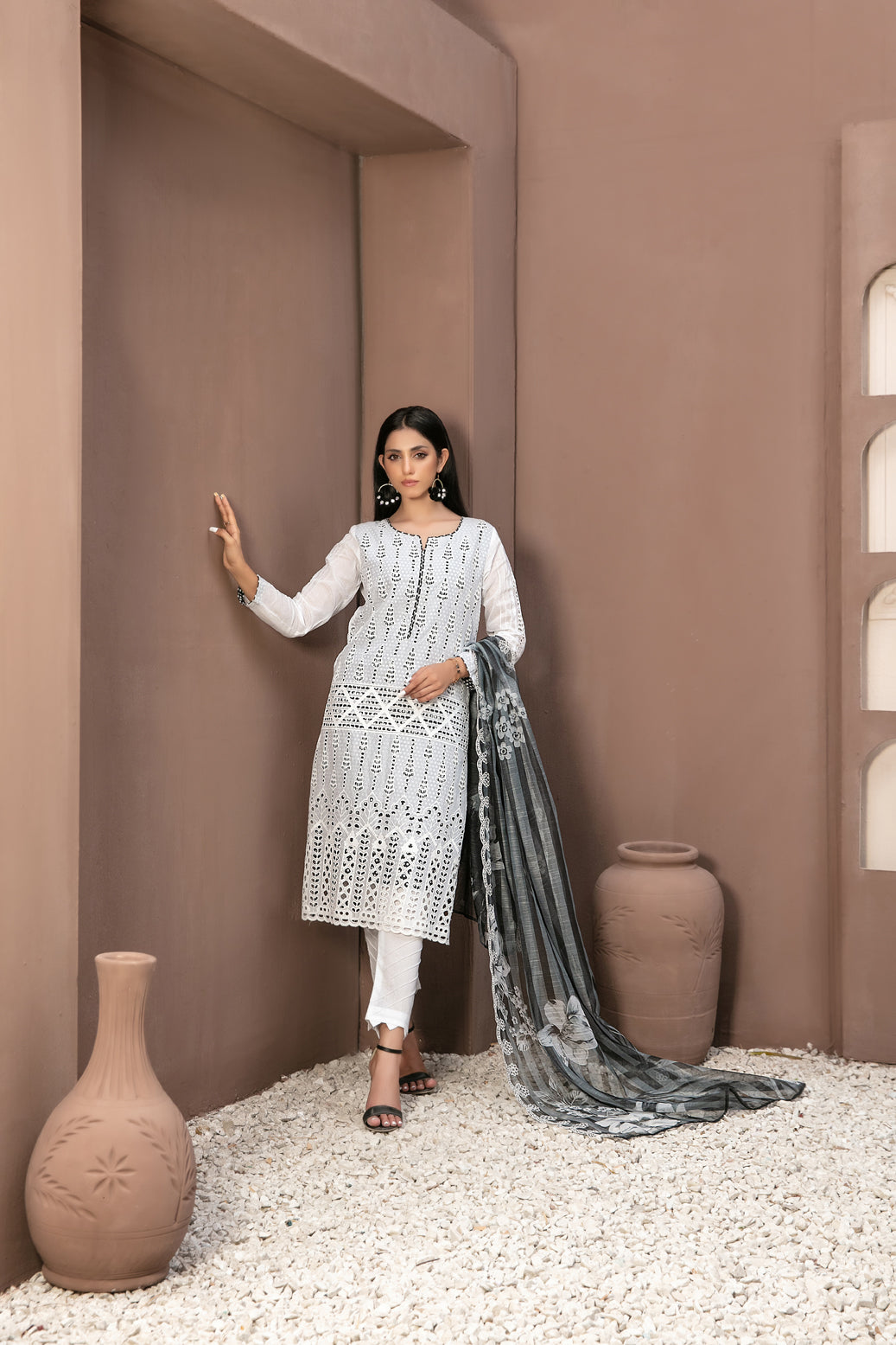 Tawakkal Fabrics 3 Piece Stitched Heavy Schiffli Embroidered Black/White Suit D-9711