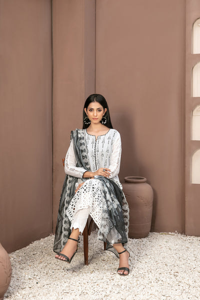 Tawakkal Fabrics 3 Piece Stitched Heavy Schiffli Embroidered Black/White Suit D-9711