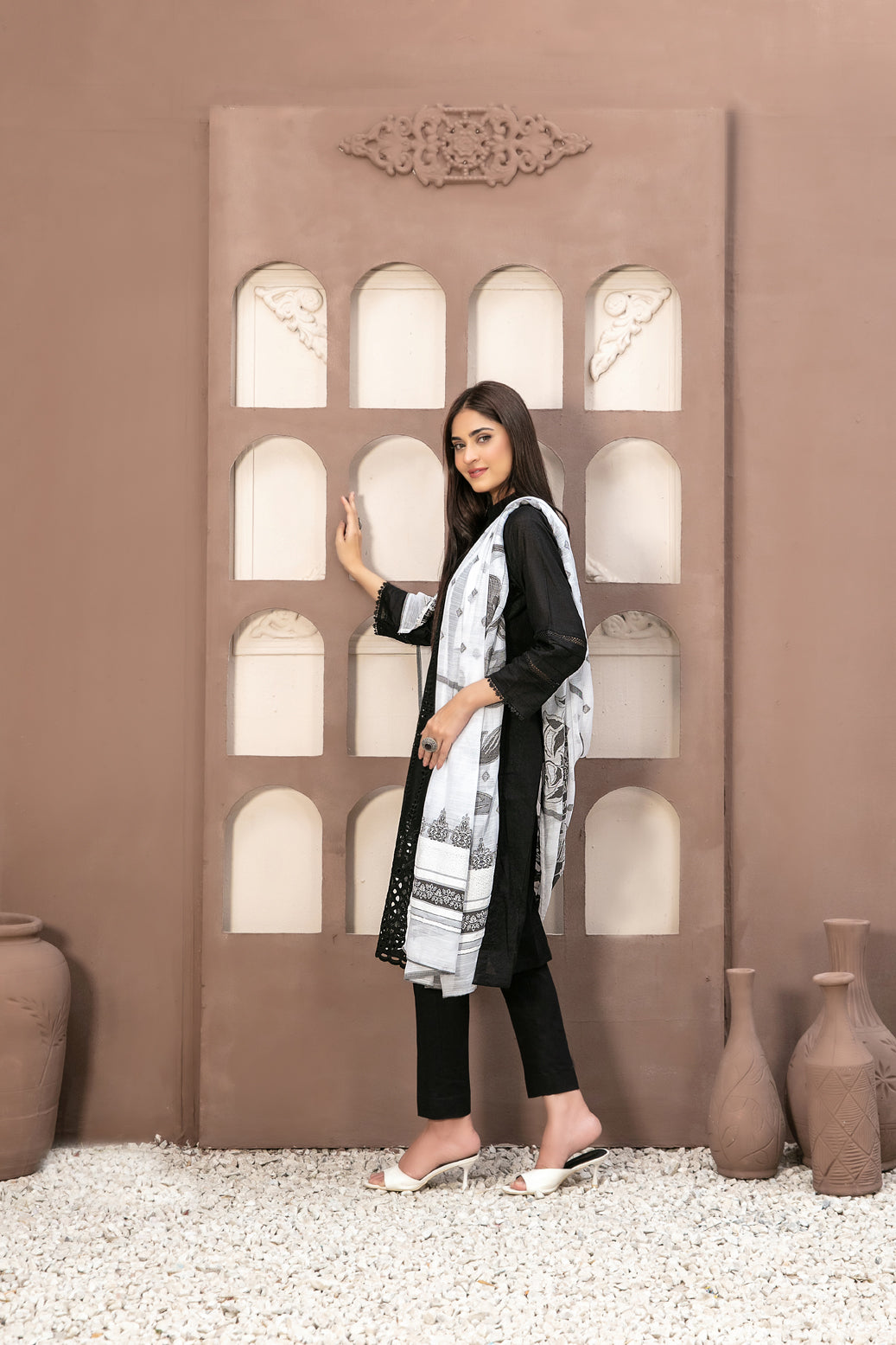 Tawakkal Fabrics 3 Piece Stitched Heavy Schiffli Embroidered Black/White Suit D-9712