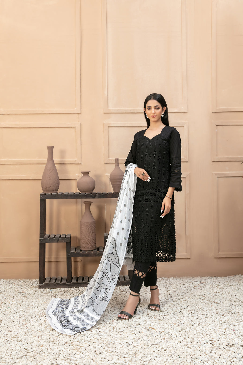 Tawakkal Fabrics 3 Piece Stitched Heavy Schiffli Embroidered Black/White Suit D-9713