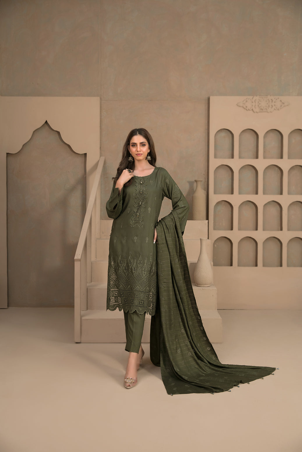 Tawakkal Fabrics 3 Piece Stitched Fancy Schiffli Embroidered Staple Suit - D-9807