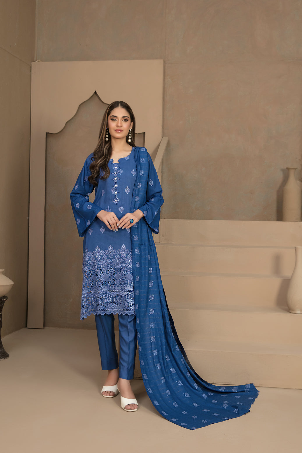 Tawakkal Fabrics 3 Piece Stitched Fancy Schiffli Embroidered Staple Suit - D-9808