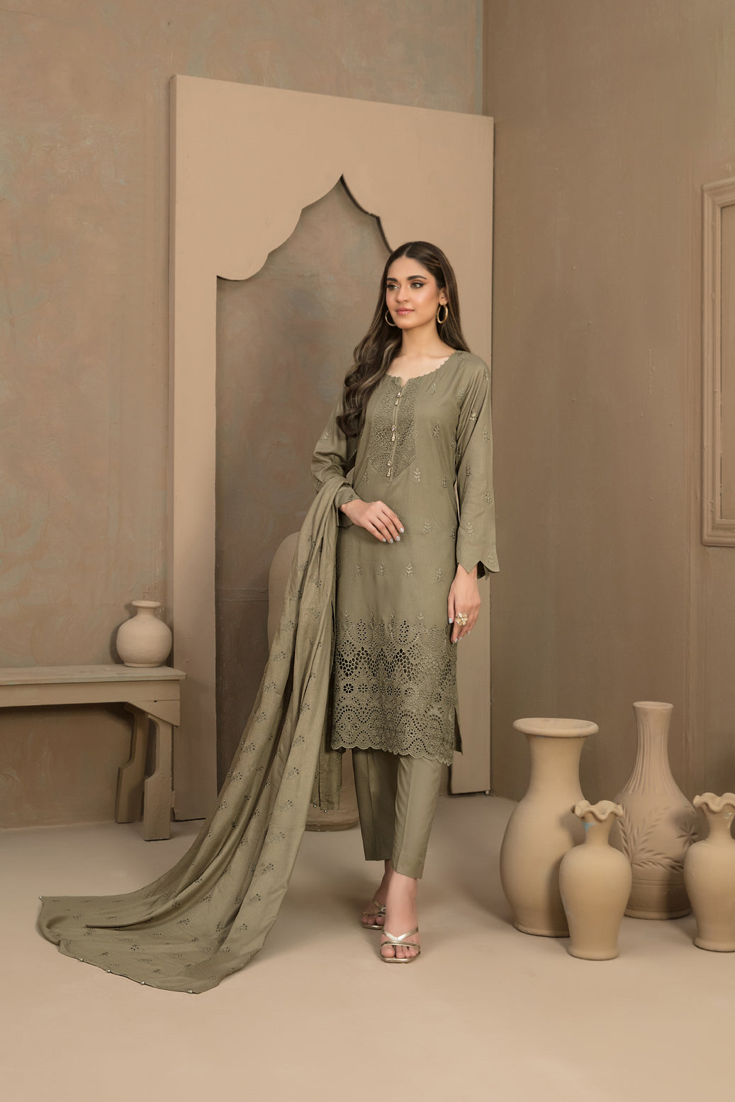 Tawakkal Fabrics 3 Piece Stitched Fancy Schiffli Embroidered Staple Suit - D-9810