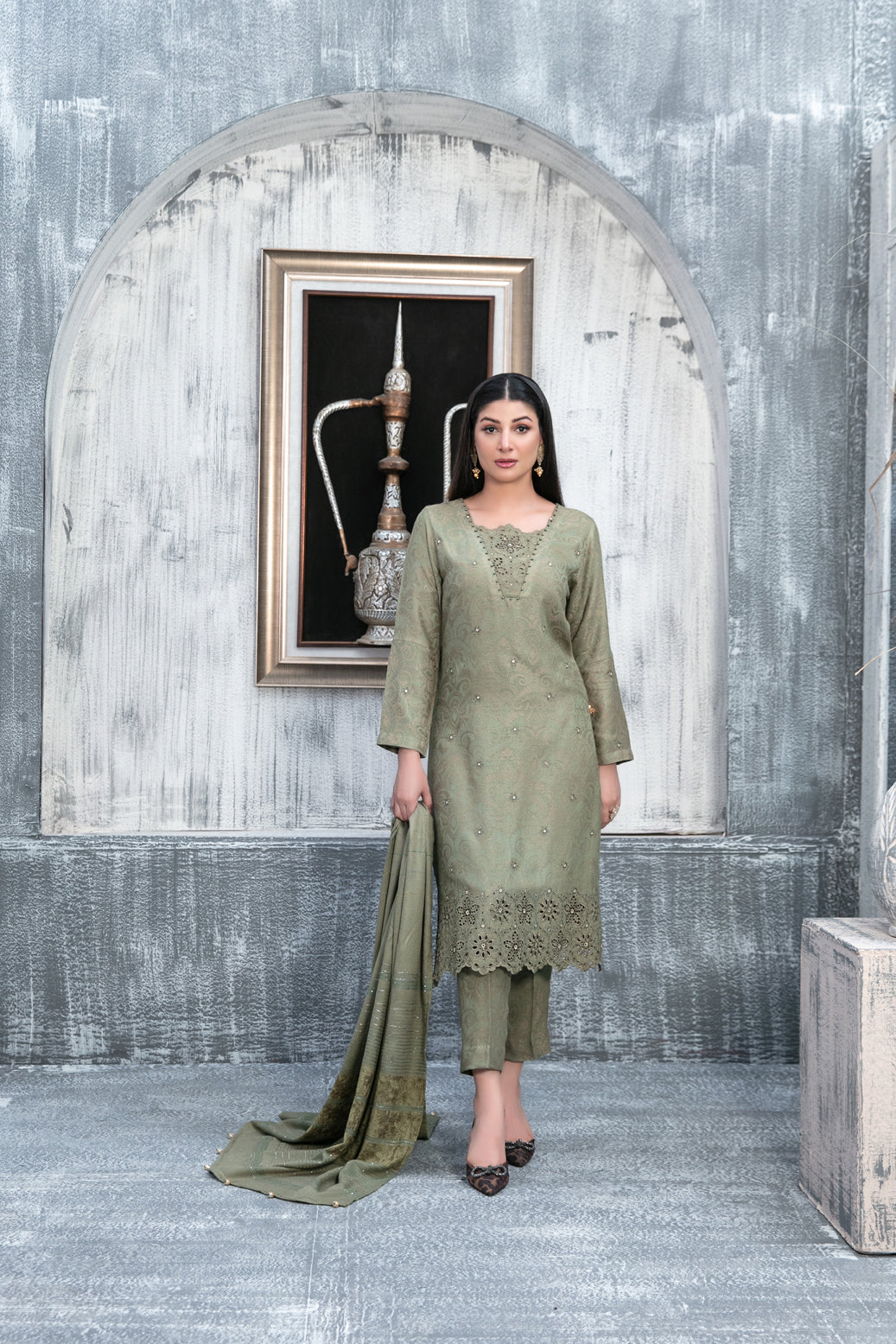 Tawakkal Fabrics 3 Piece Stitched Boti with Daman Boring Embroidered Leather Peach Jacquard Suit D-9846