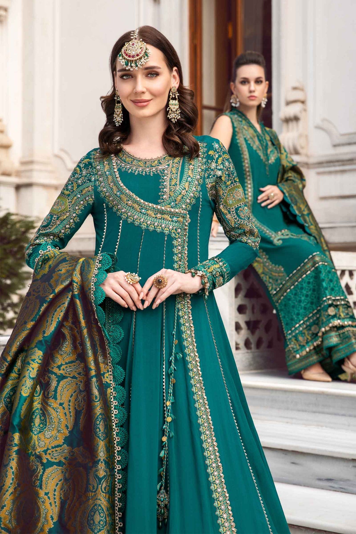 Maria. B 03 Piece Unstitched Embroidered Linen Suit - DL-1107 Emerald Green