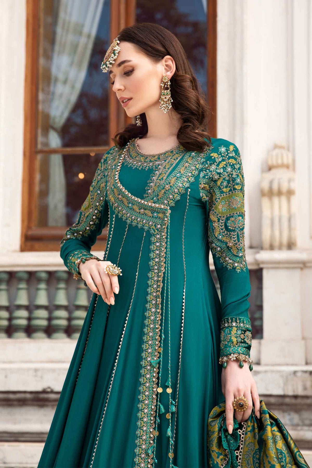 Maria. B 03 Piece Unstitched Embroidered Linen Suit - DL-1107 Emerald Green