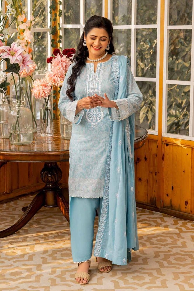 Gul Ahmed 3PC Embroidered Printed Lawn Unstitched Suit with Embroidered Denting Lawn Dupatta - DN-42023