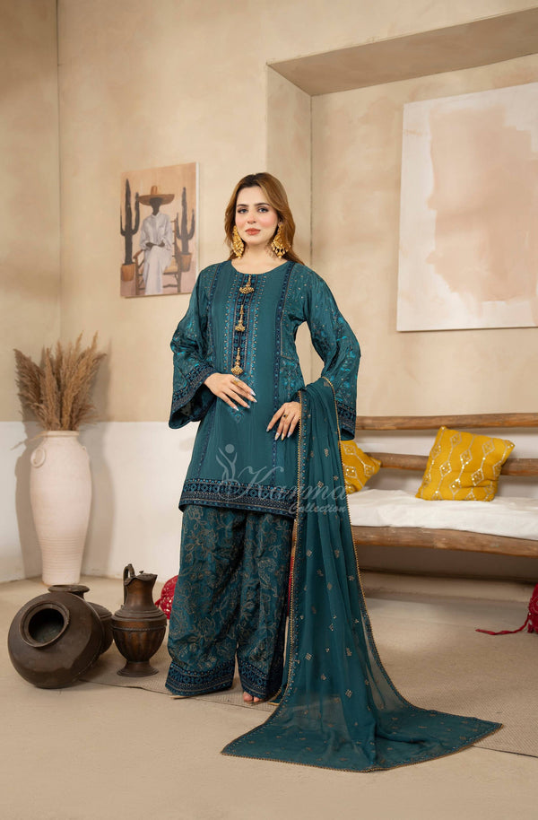 Karma Collection 3 Piece Stitched Pure Shamoz Silk Embroidery Suit - F-528 Peacock Green
