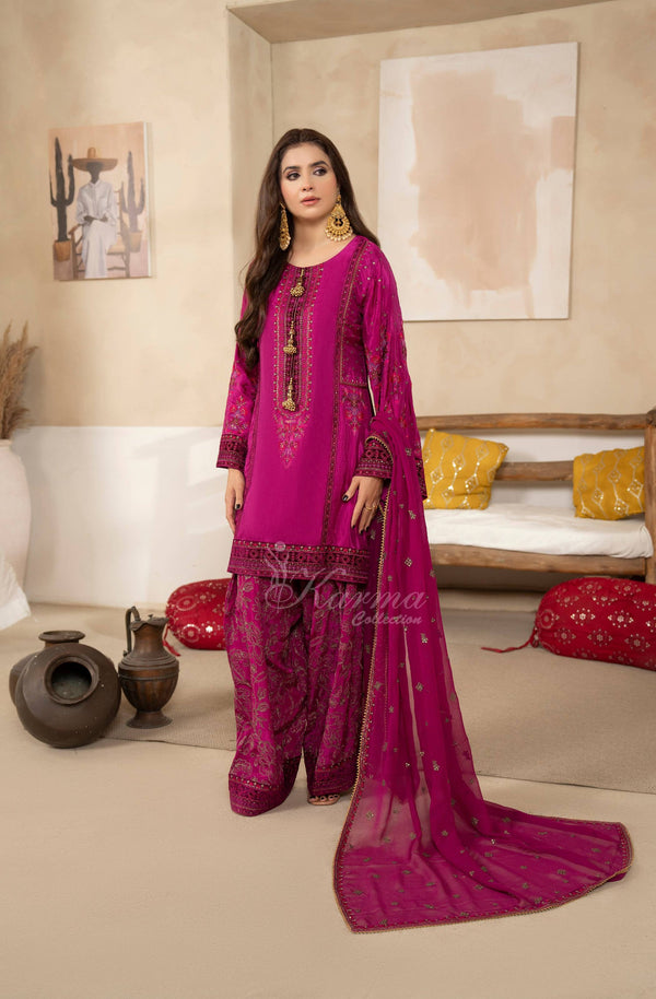 Karma Collection 3 Piece Stitched Pure Shamoz Silk Embroidery Suit - F-528 Rani Pink