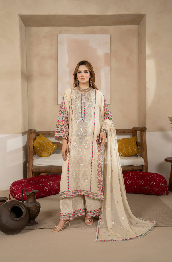 Karma Collection 3 Piece Stitched Pure Shamoz Silk Embroidery Suit - F-529 Champagne Cream