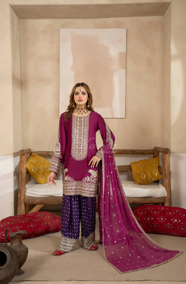 Karma Collection 3 Piece Stitched Pure Shamoz Silk Embroidery Suit - F-530 Berry Purple