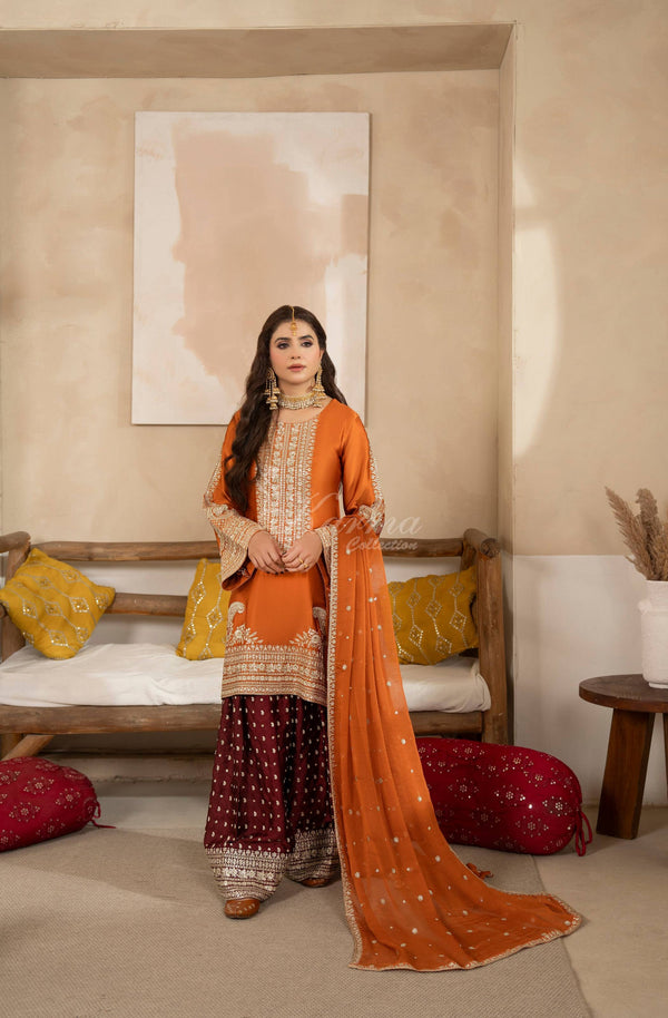 Karma Collection 3 Piece Stitched Pure Shamoz Silk Embroidery Suit - F-530 Rust Orange