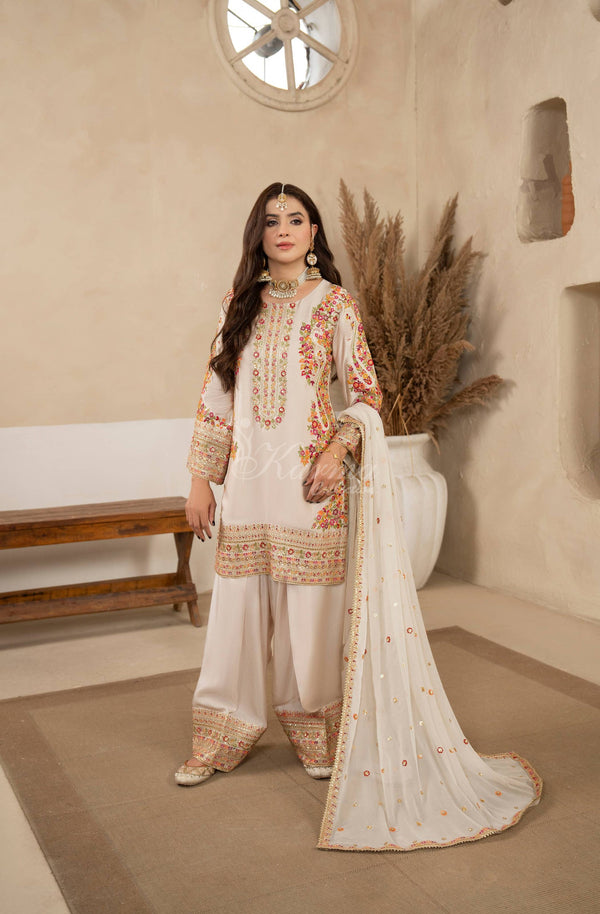 Karma Collection 3 Piece Stitched Pure Shamoz Silk Embroidery Suit - F-533 Warm Ivory