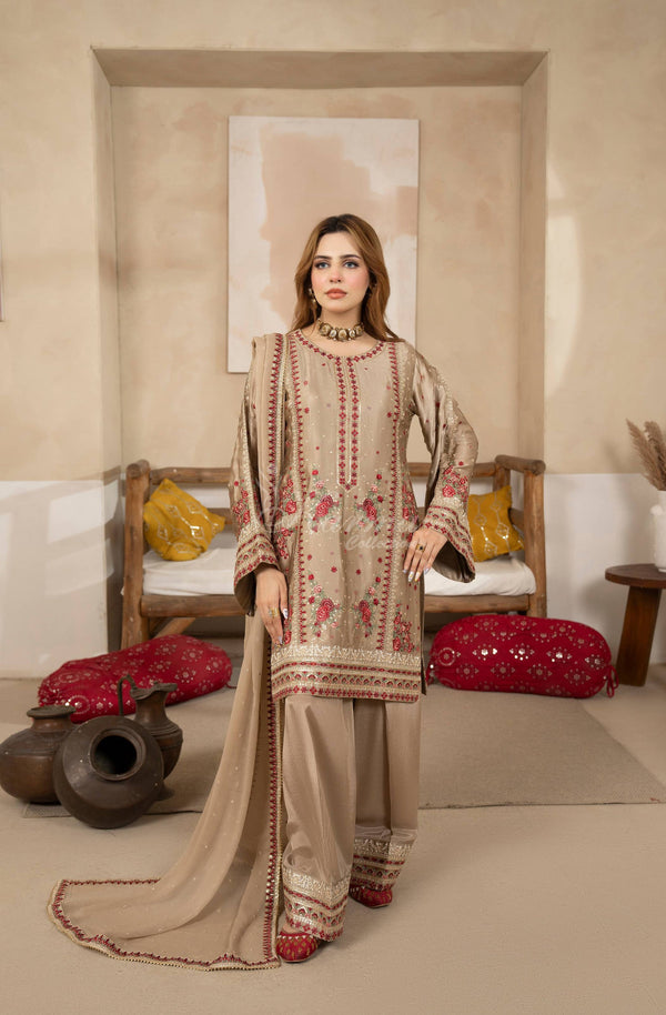 Karma Collection 3 Piece Stitched Pure Shamoz Silk Embroidery Suit - F-535 Antique Gold