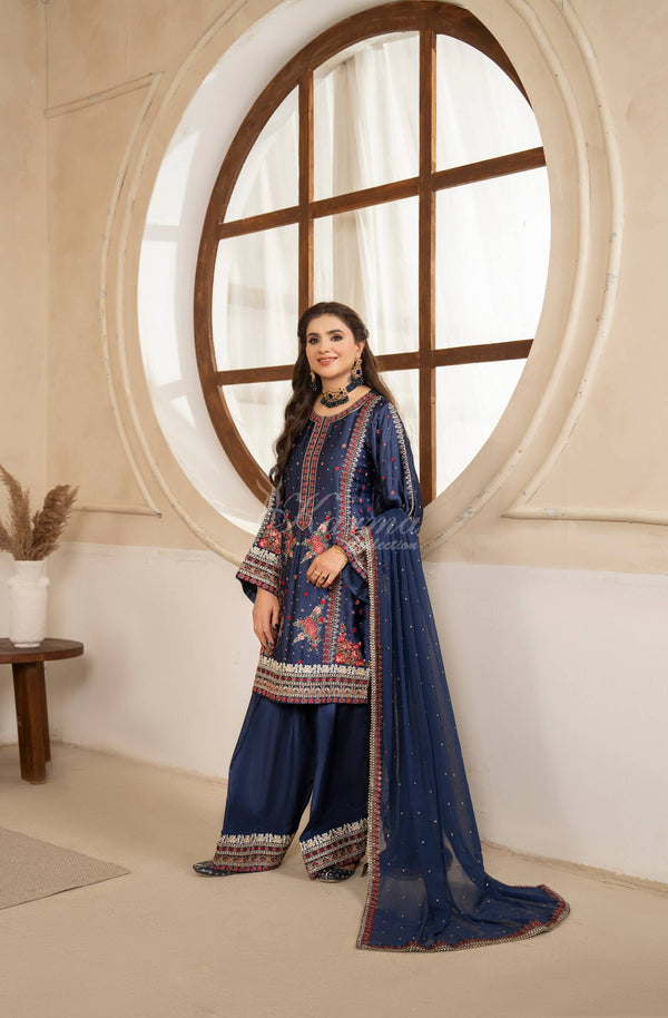 Karma Collection 3 Piece Stitched Pure Shamoz Silk Embroidery Suit - F-535 Deep Navy