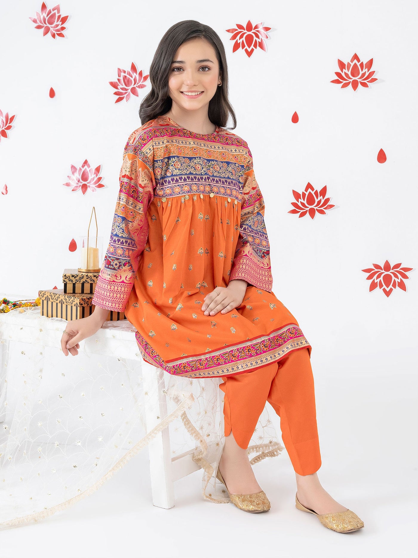 Limelight 2 Piece Stitched Paste Print Cambric Suit F3413SU - Orange