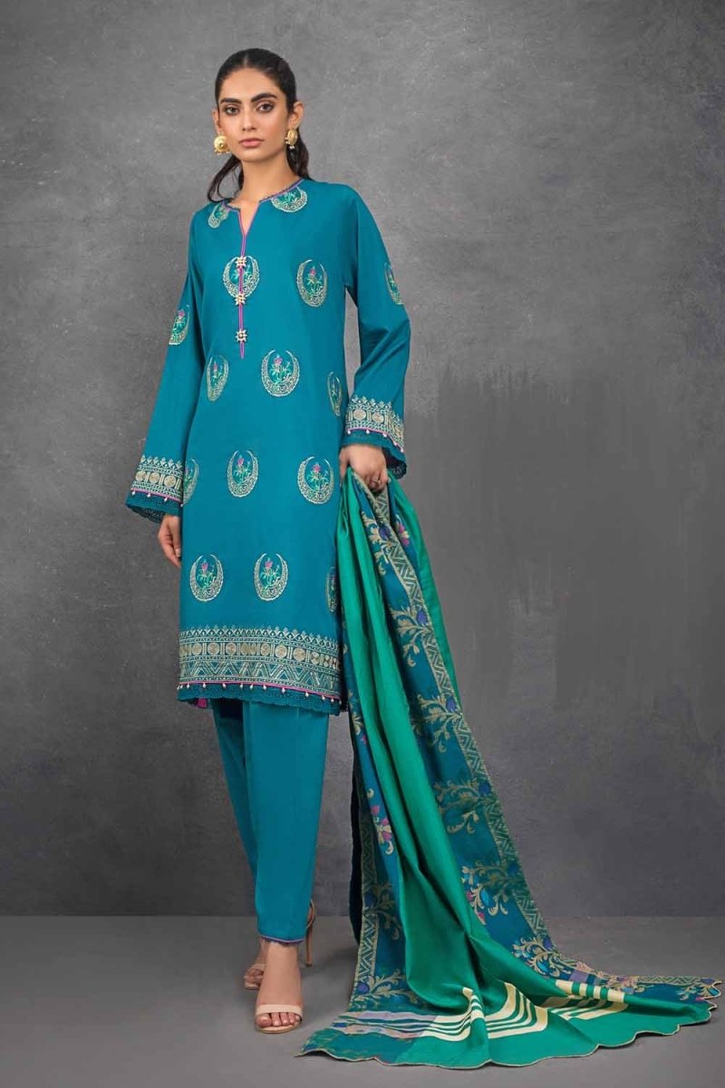 Gul Ahmed 3 PC Unstitched Embroidered Lawn Suit with Jacquard Dupatta FE-12040