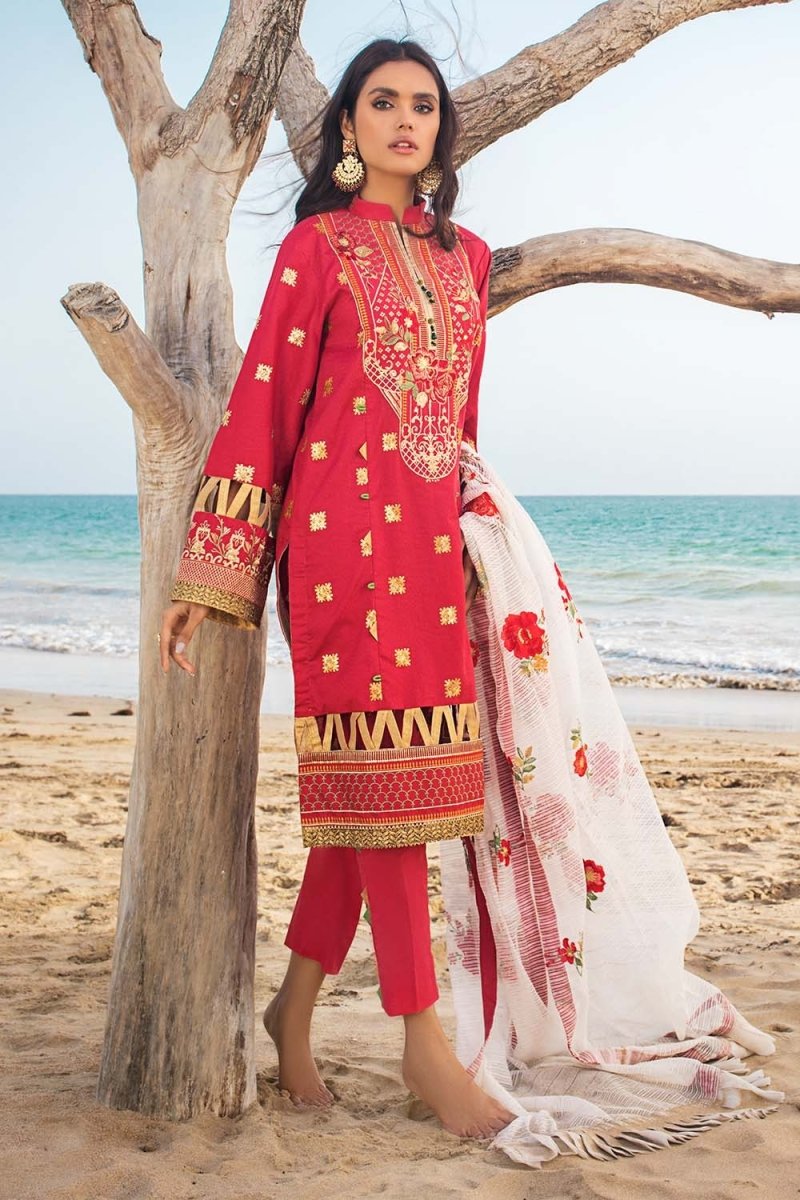 Gul Ahmed 3PC Unstitched Embroidered Lawn Suit With Embroidered Jacquard Dupatta - FE-12219-ZUBAIDAH