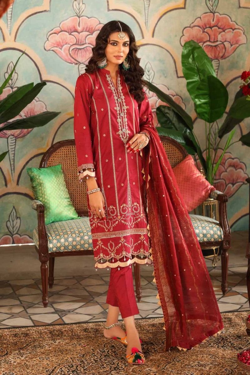 Gul Ahmed 3 PC Unstitched Embroidered Lawn Suit with Gold Printed Cotton Net Dupatta FE-12243