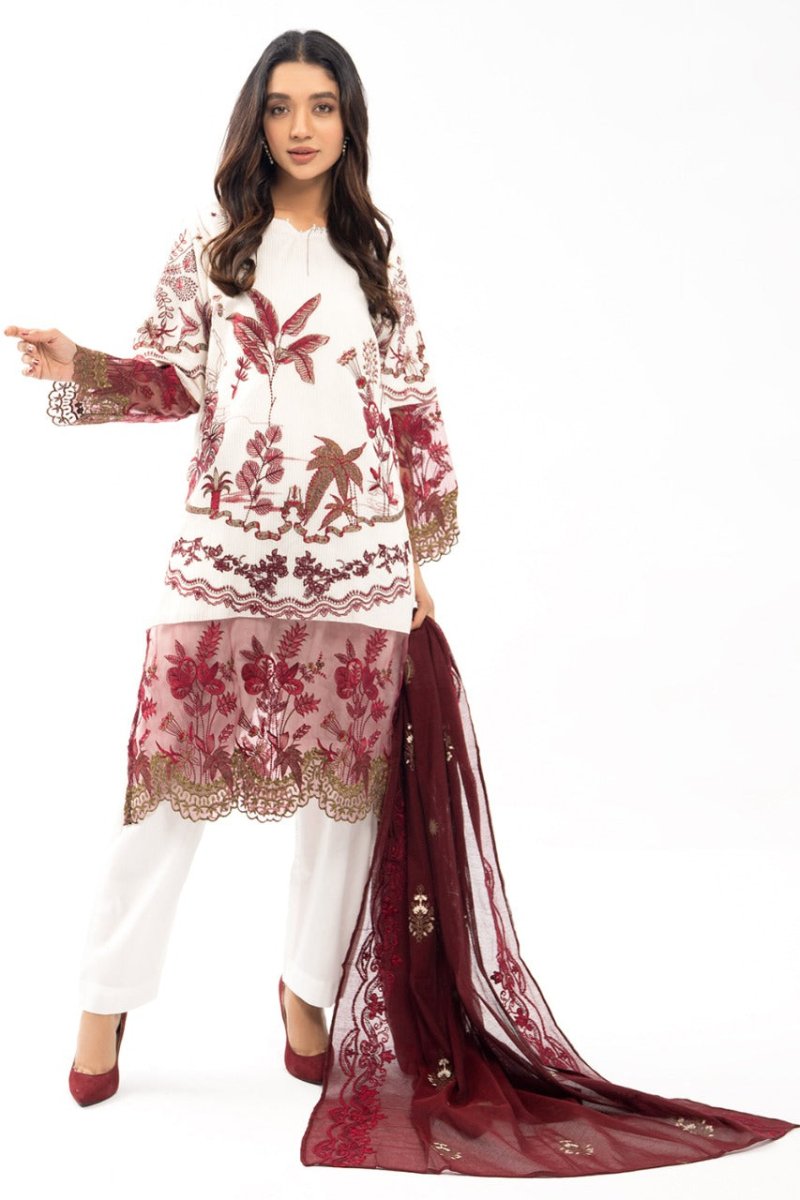 Gul Ahmed 3PC Sitched Embroidered Luxury Cotton Suit with Glitter & Lacquer Printed Khaddi Net Dupatta FE-22008