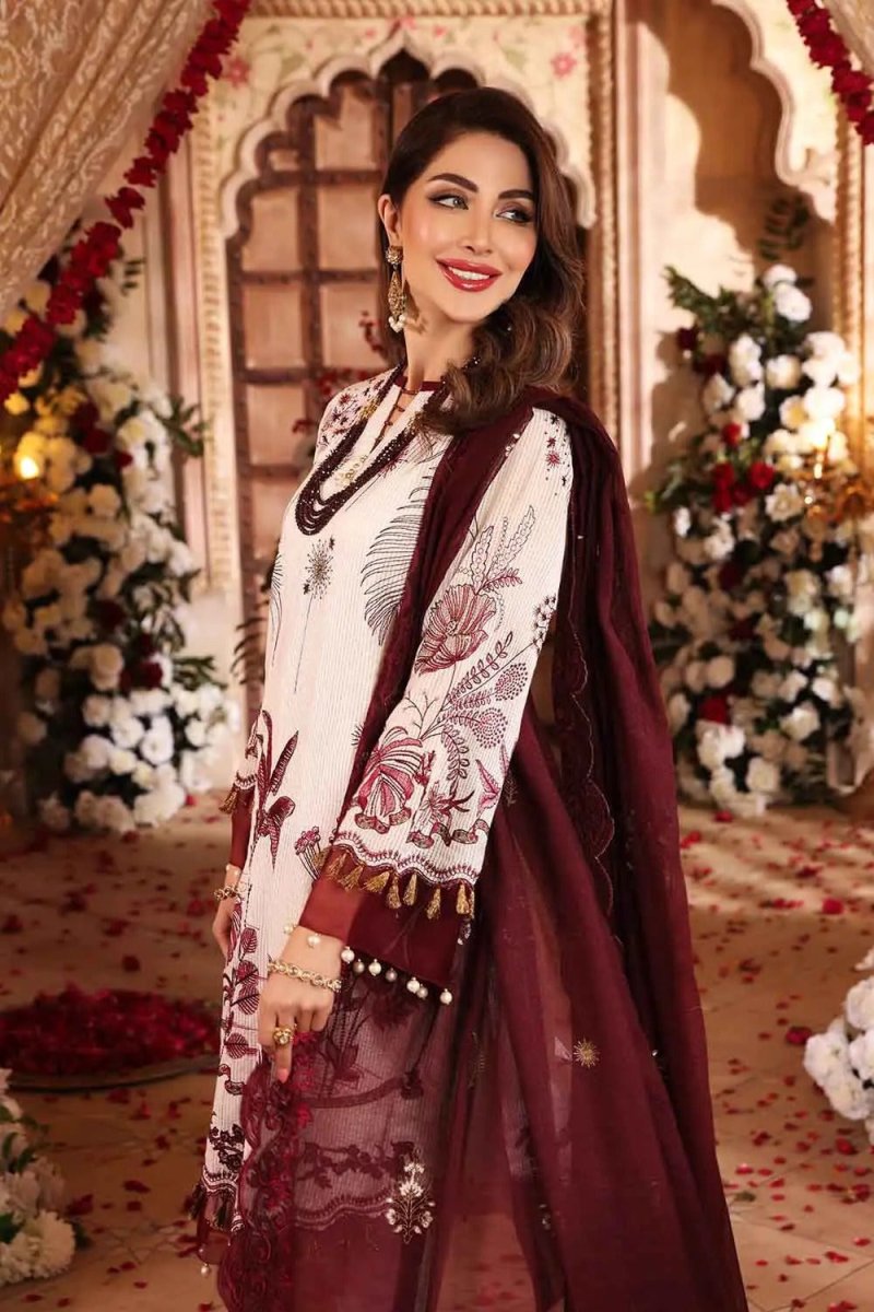 Gul Ahmed 3PC Unstitched Embroidered Luxury Cotton Suit with Glitter & Lacquer Printed Khaddi Net Dupatta FE-22008