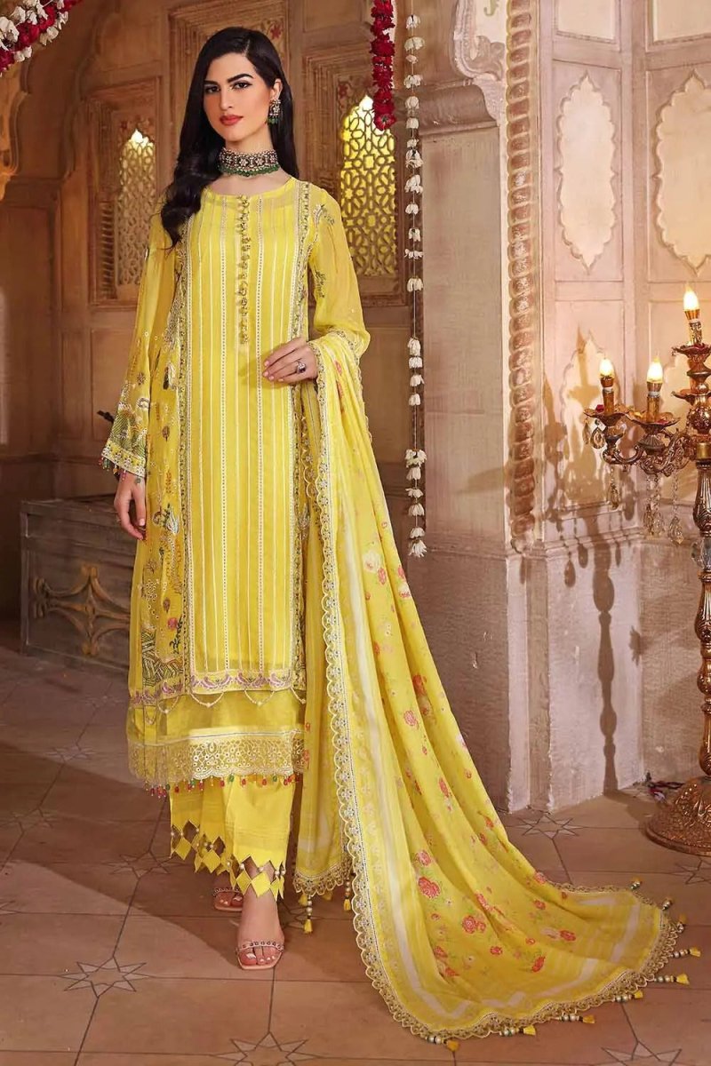 Gul Ahmed 3PC Unstitched Schiffli Chiffon Embroidered Suit with Striped Organza Dupatta FE-22052