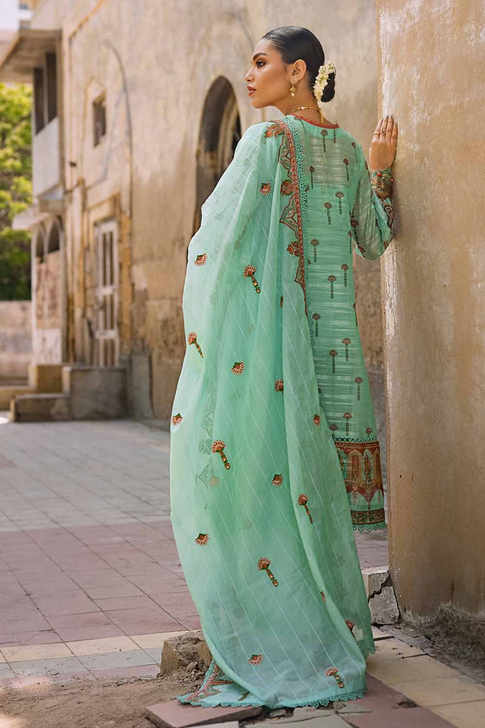 Gul Ahmed 3PC Embroidered Digital Printed Paper Cotton Sequins Unstitched Suit with Embroidered Stripe Cotton Silk Dupatta FE-32028