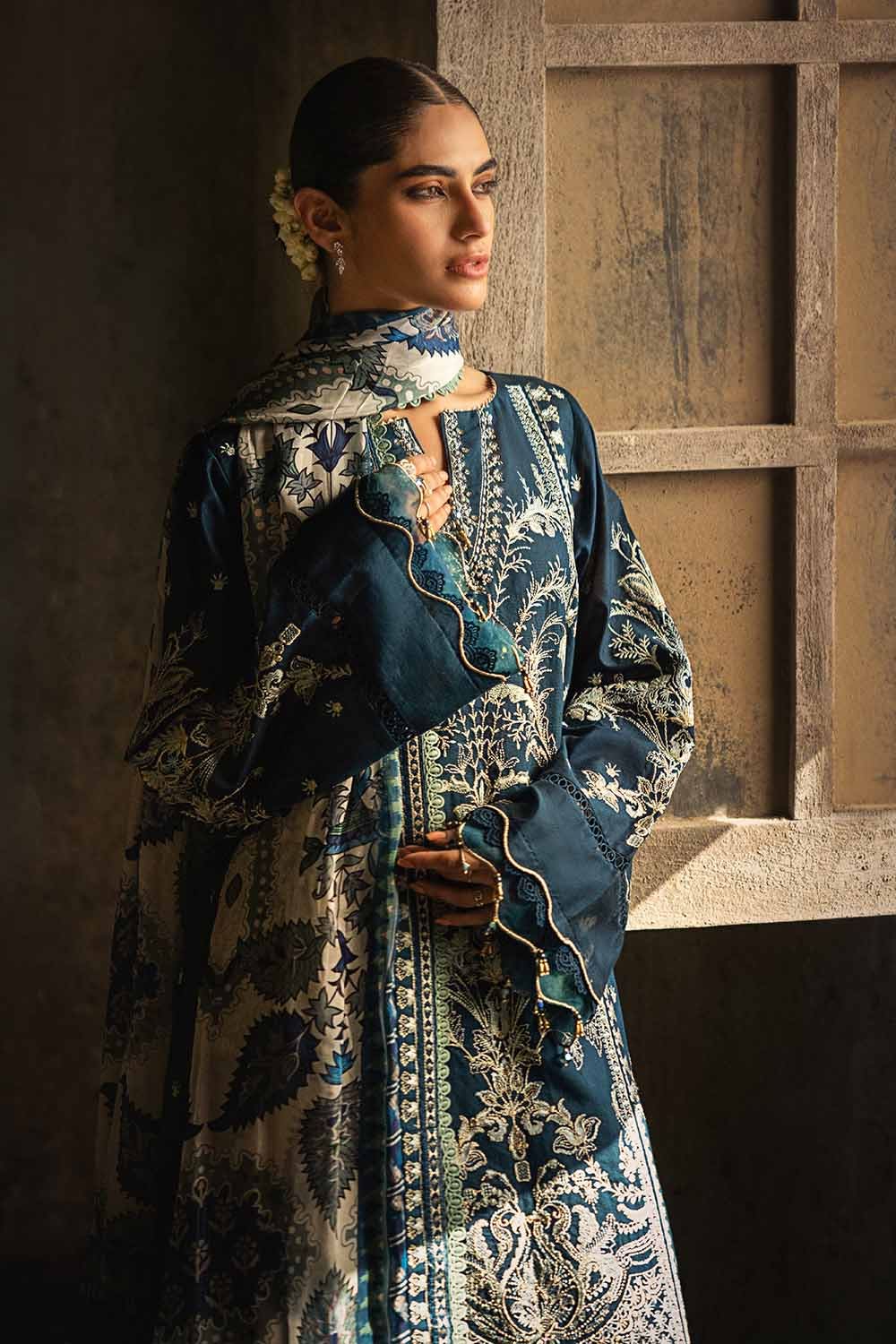 Gul Ahmed 3PC Sequins Embroidered Khaddi Net Unstitched Suit with Digital Printed Tissue Silk Dupatta with Embroidered Lace FE-32056